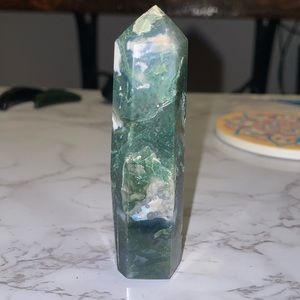 Green Moss Agate Tower- polished w/ druzy